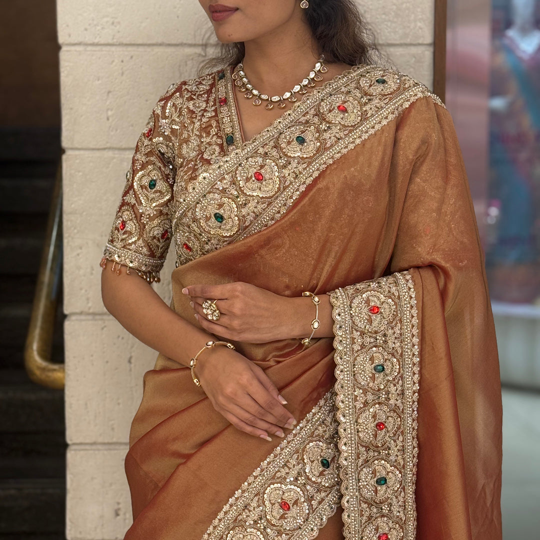 Premium Copper Silk Saree with Antique Hand Embroidered Border