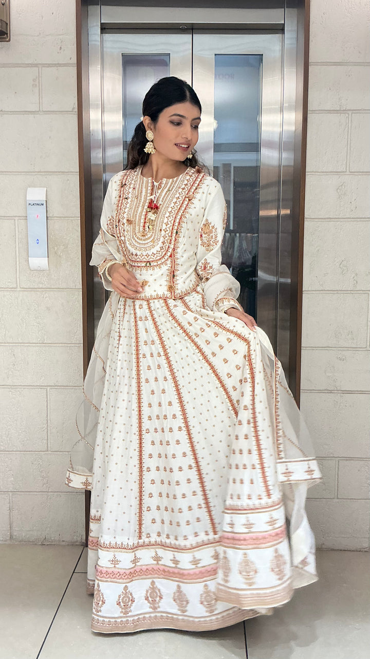 Ivory Heritage Printed Anarkali Suit Set with Dupatta