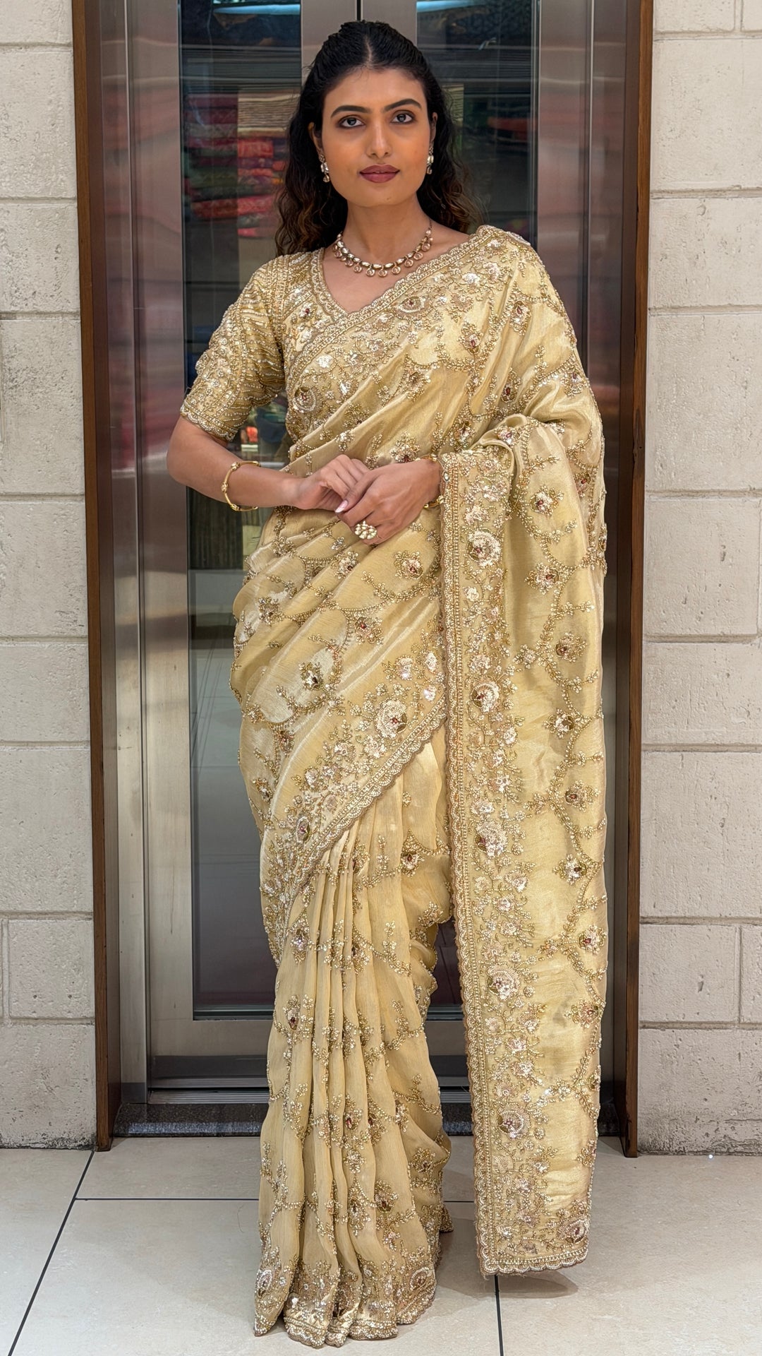 Champagne Gold Hand-Embroidered Designer Saree with Embellished Blouse