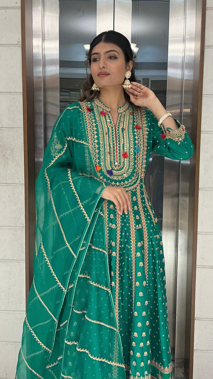 Emerald Green Heavy Embroidered Anarkali Suit Set with Dupatta