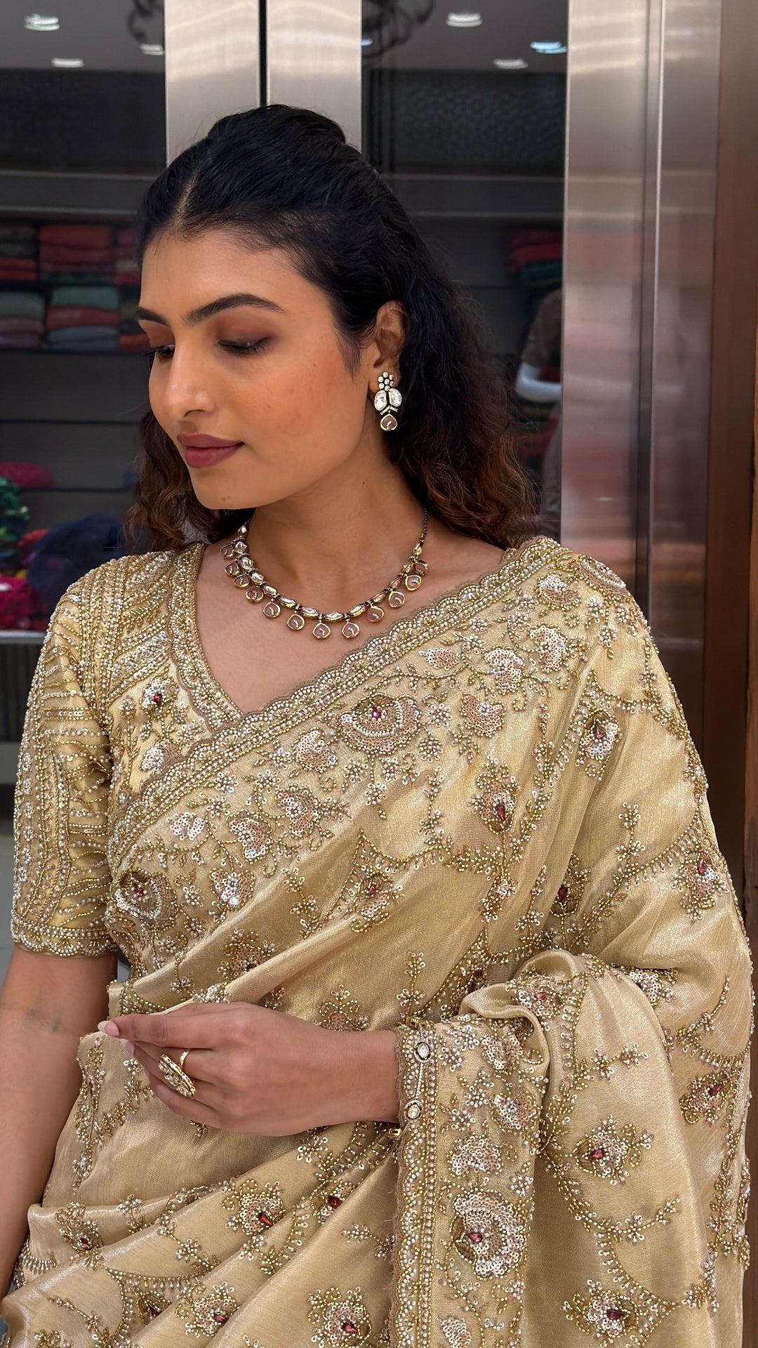 Champagne Gold Hand-Embroidered Designer Saree with Embellished Blouse