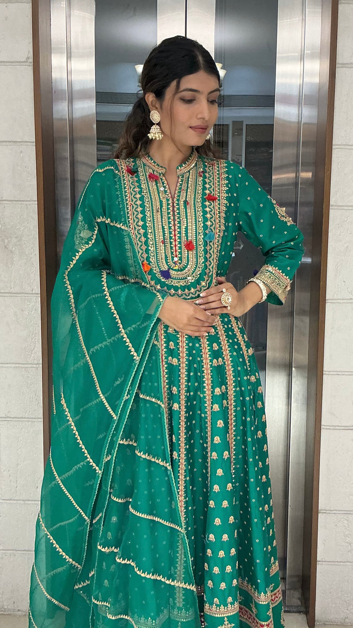 Emerald Green Heavy Embroidered Anarkali Suit Set with Dupatta