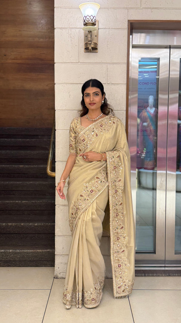 Elegant Champagne Gold Silk Saree with Intricate Hand Embroidery Border