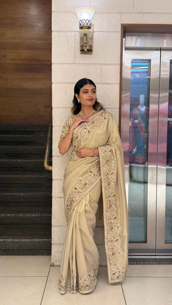 Elegant Champagne Gold Silk Saree with Intricate Hand Embroidery Border