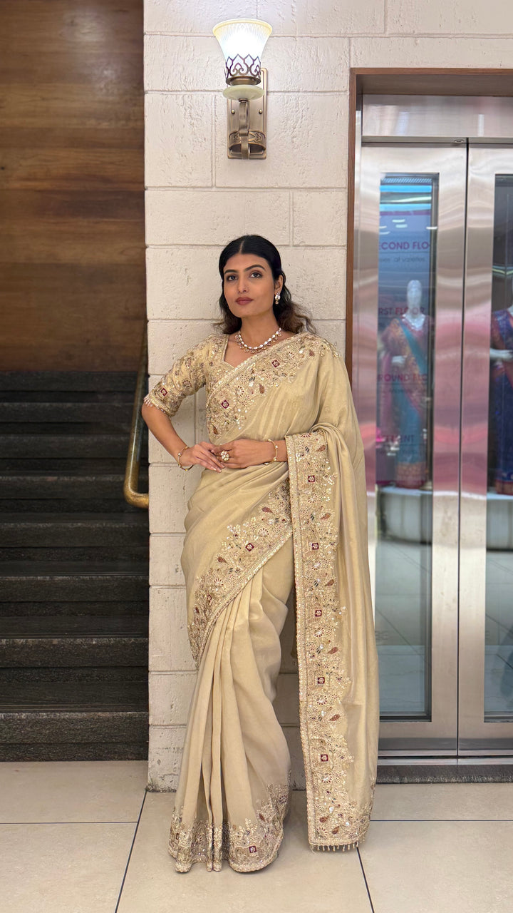 Elegant Champagne Gold Silk Saree with Intricate Hand Embroidery Border