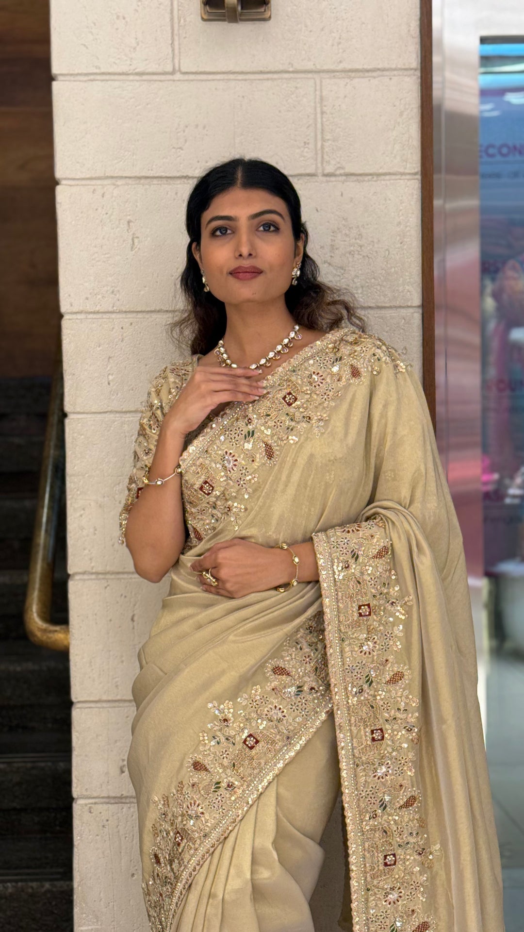 Elegant Champagne Gold Silk Saree with Intricate Hand Embroidery Border