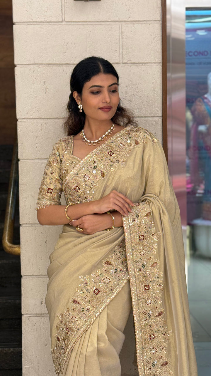 Elegant Champagne Gold Silk Saree with Intricate Hand Embroidery Border