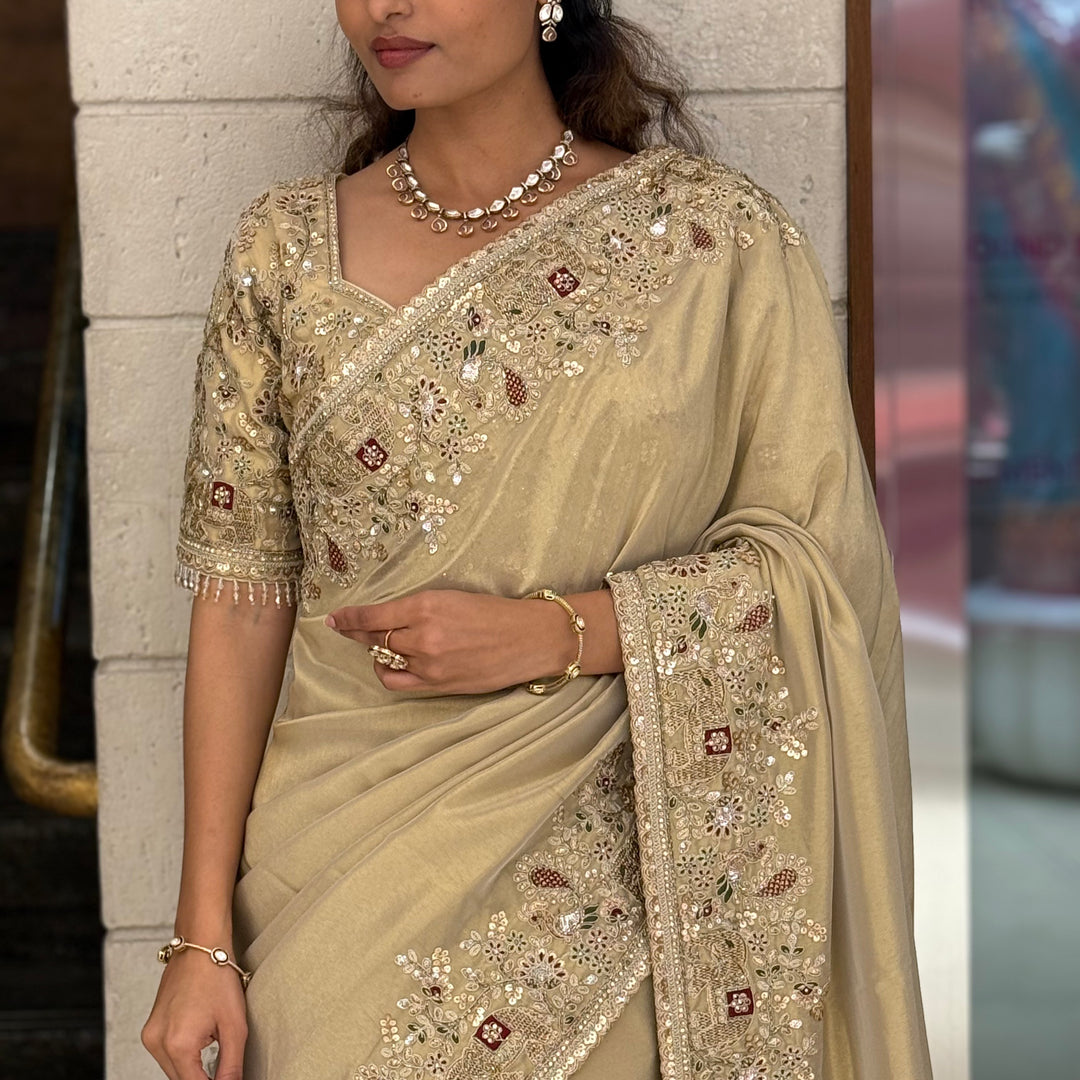Elegant Champagne Gold Silk Saree with Intricate Hand Embroidery Border