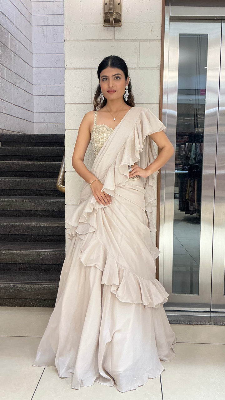 Ivory Ruffle Drape Designer Lehenga Saree Set