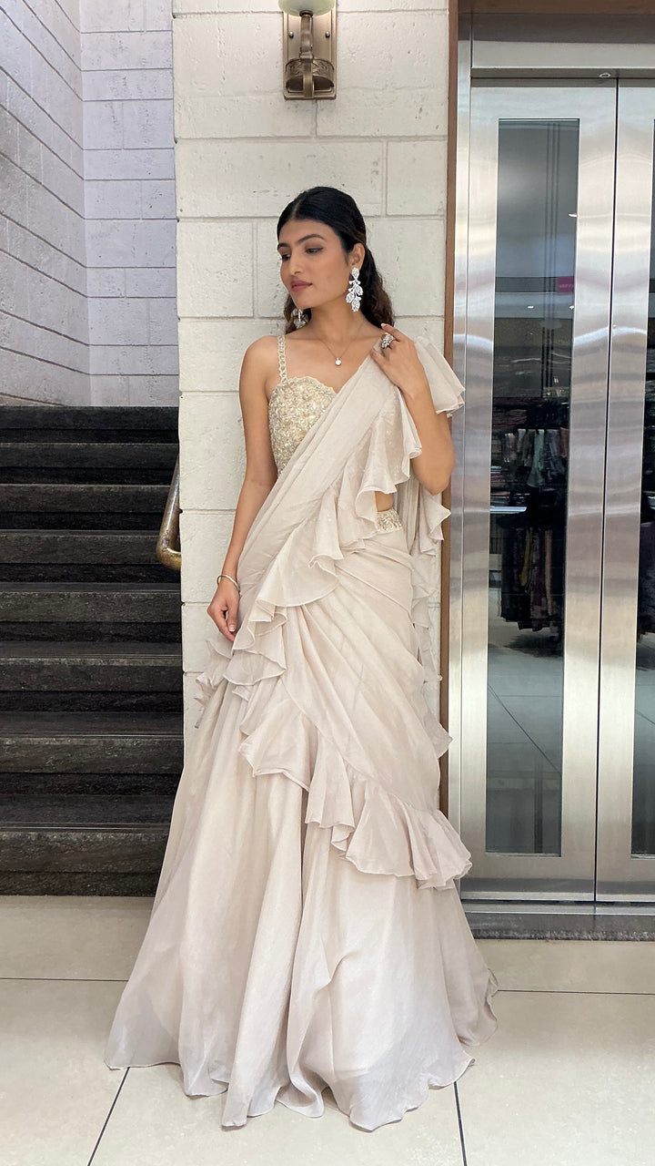 Ivory Ruffle Drape Designer Lehenga Saree Set