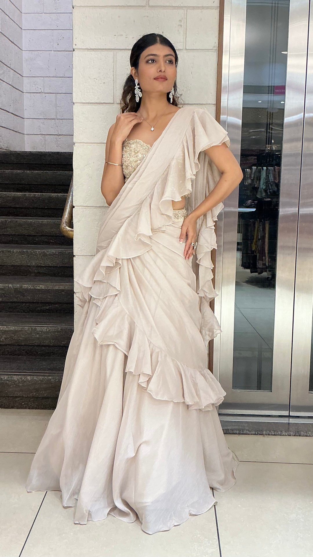 Ivory Ruffle Drape Designer Lehenga Saree Set