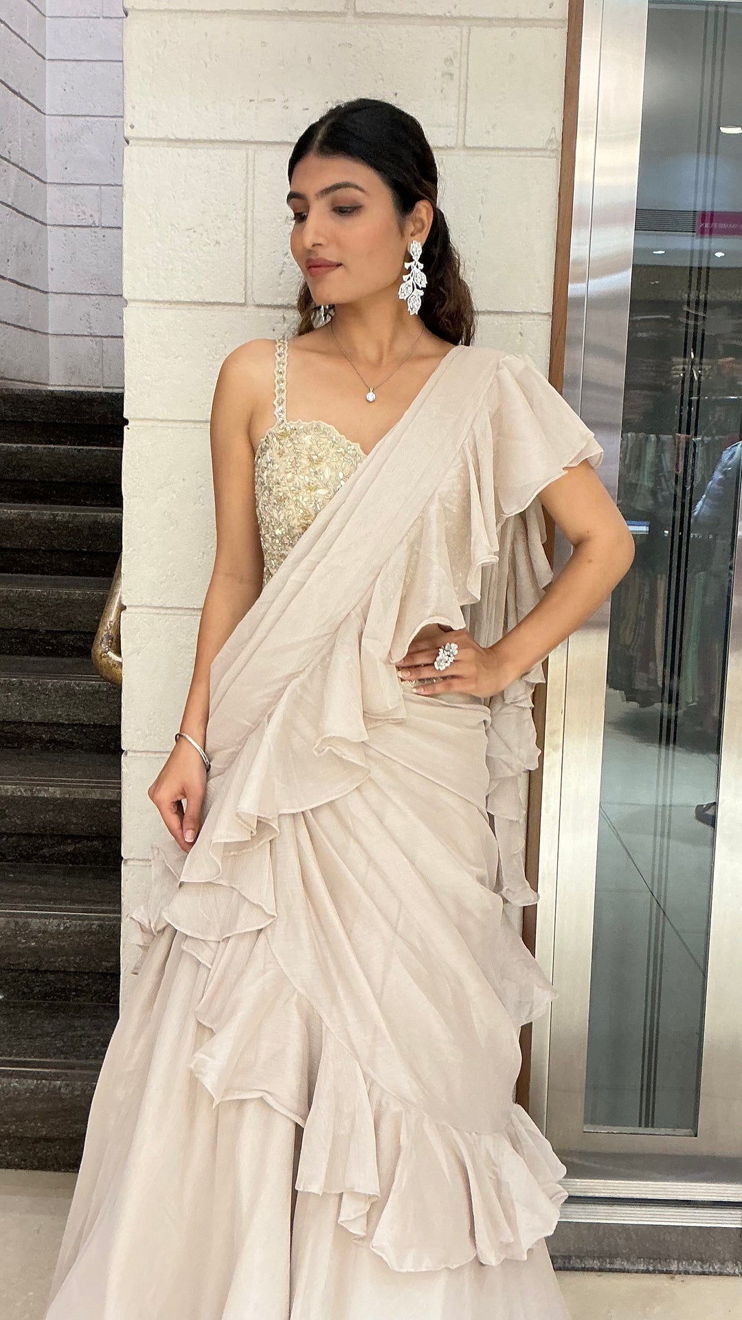 Ivory Ruffle Drape Designer Lehenga Saree Set