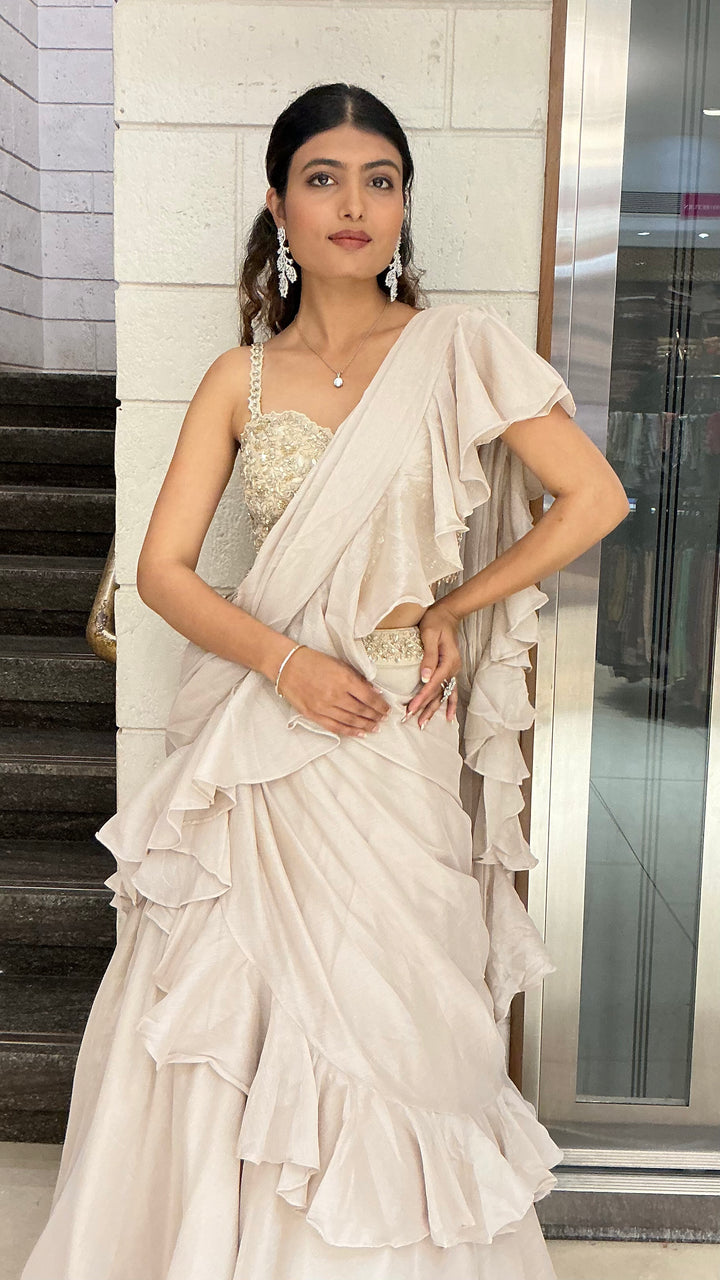 Ivory Ruffle Drape Designer Lehenga Saree Set