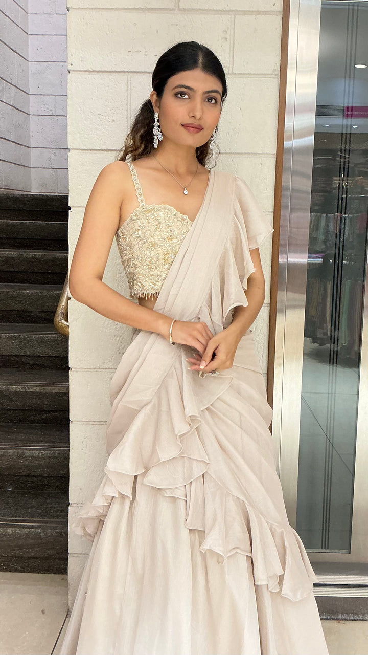 Ivory Ruffle Drape Designer Lehenga Saree Set