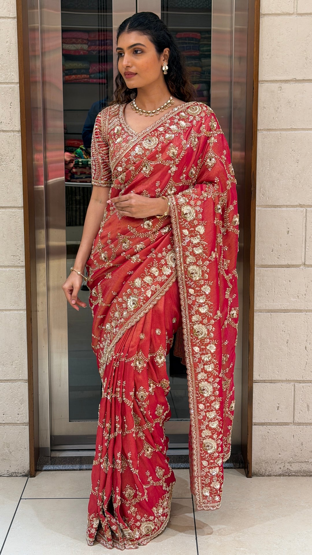Ruby Red Hand-Embroidered Designer Saree with Heavy Zari & Sequin Work