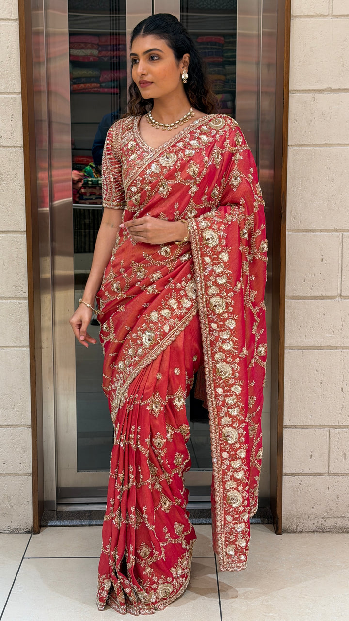 Ruby Red Hand-Embroidered Designer Saree with Heavy Zari & Sequin Work