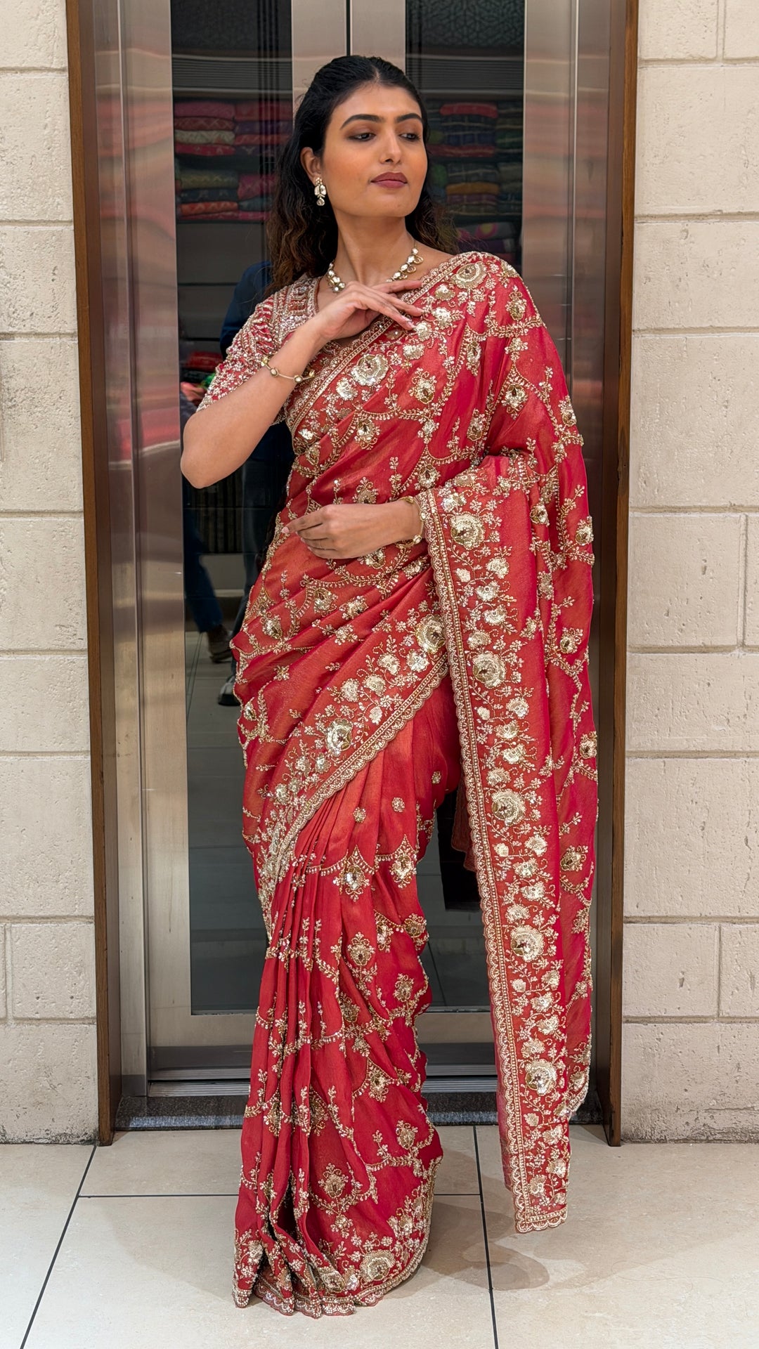 Ruby Red Hand-Embroidered Designer Saree with Heavy Zari & Sequin Work