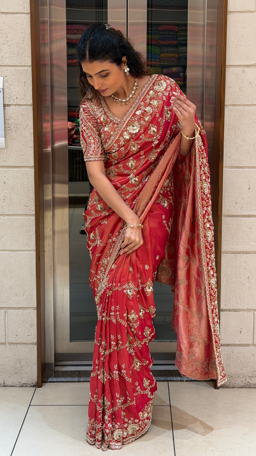 Ruby Red Hand-Embroidered Designer Saree with Heavy Zari & Sequin Work