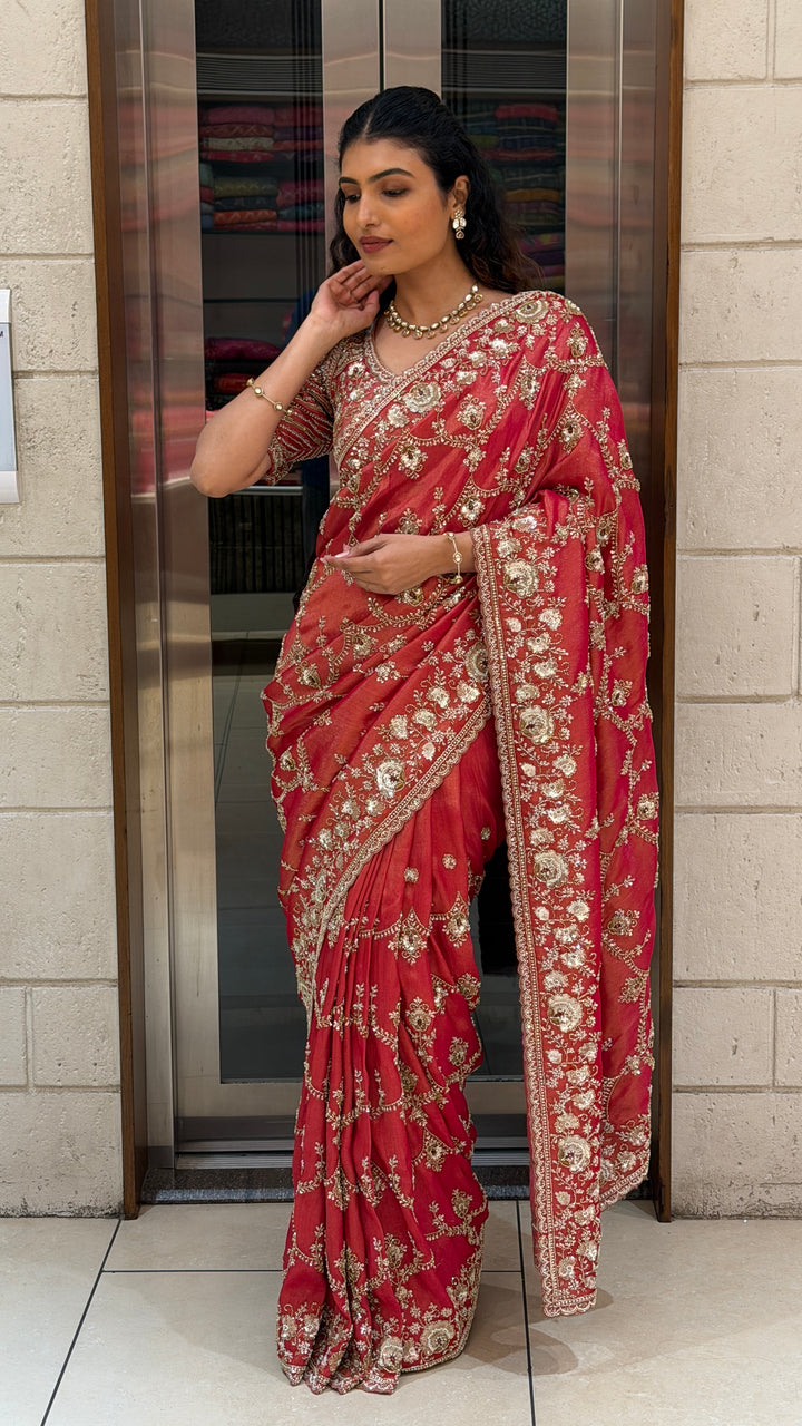 Ruby Red Hand-Embroidered Designer Saree with Heavy Zari & Sequin Work