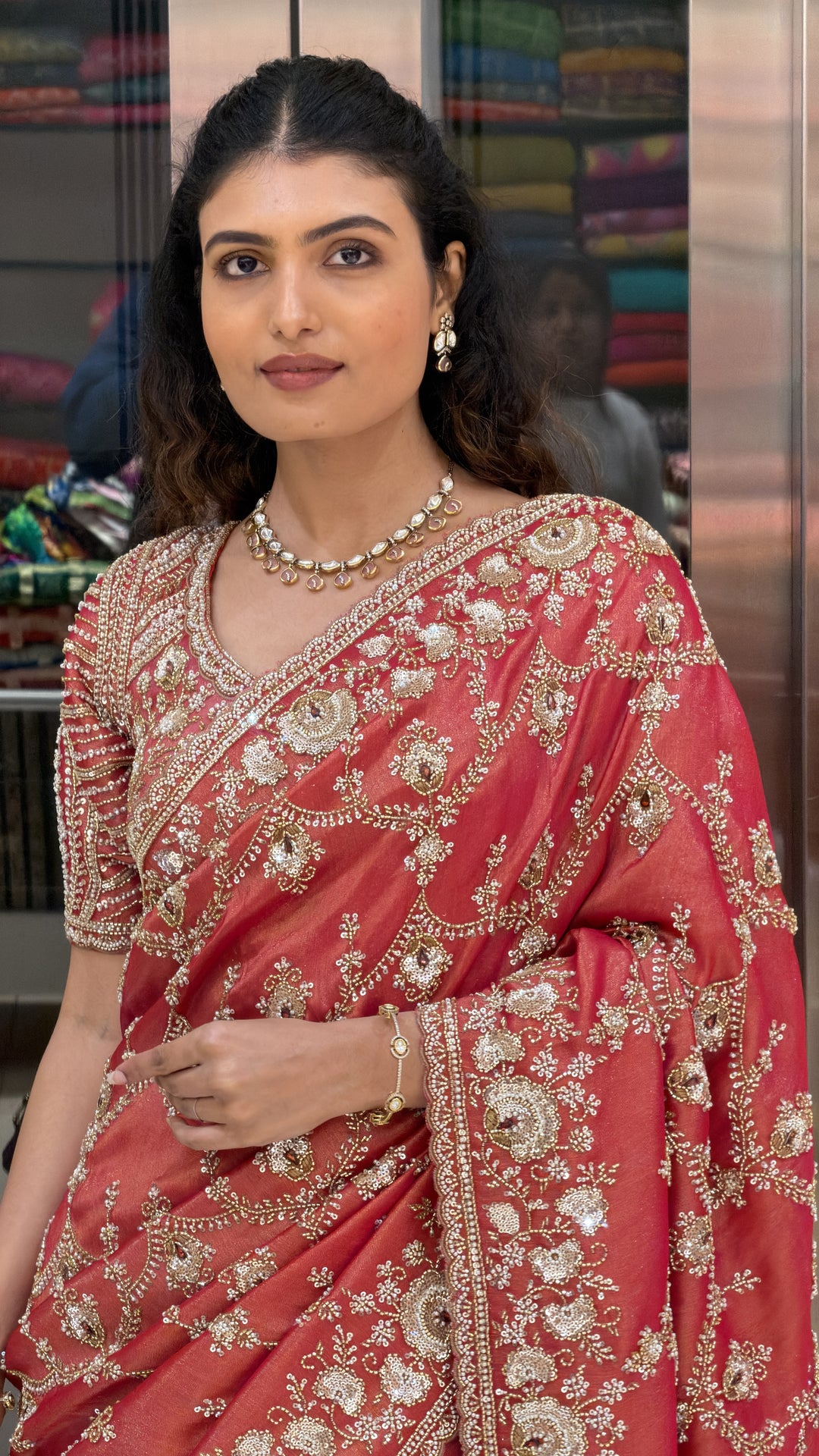 Ruby Red Hand-Embroidered Designer Saree with Heavy Zari & Sequin Work