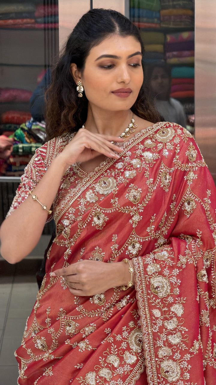 Ruby Red Hand-Embroidered Designer Saree with Heavy Zari & Sequin Work