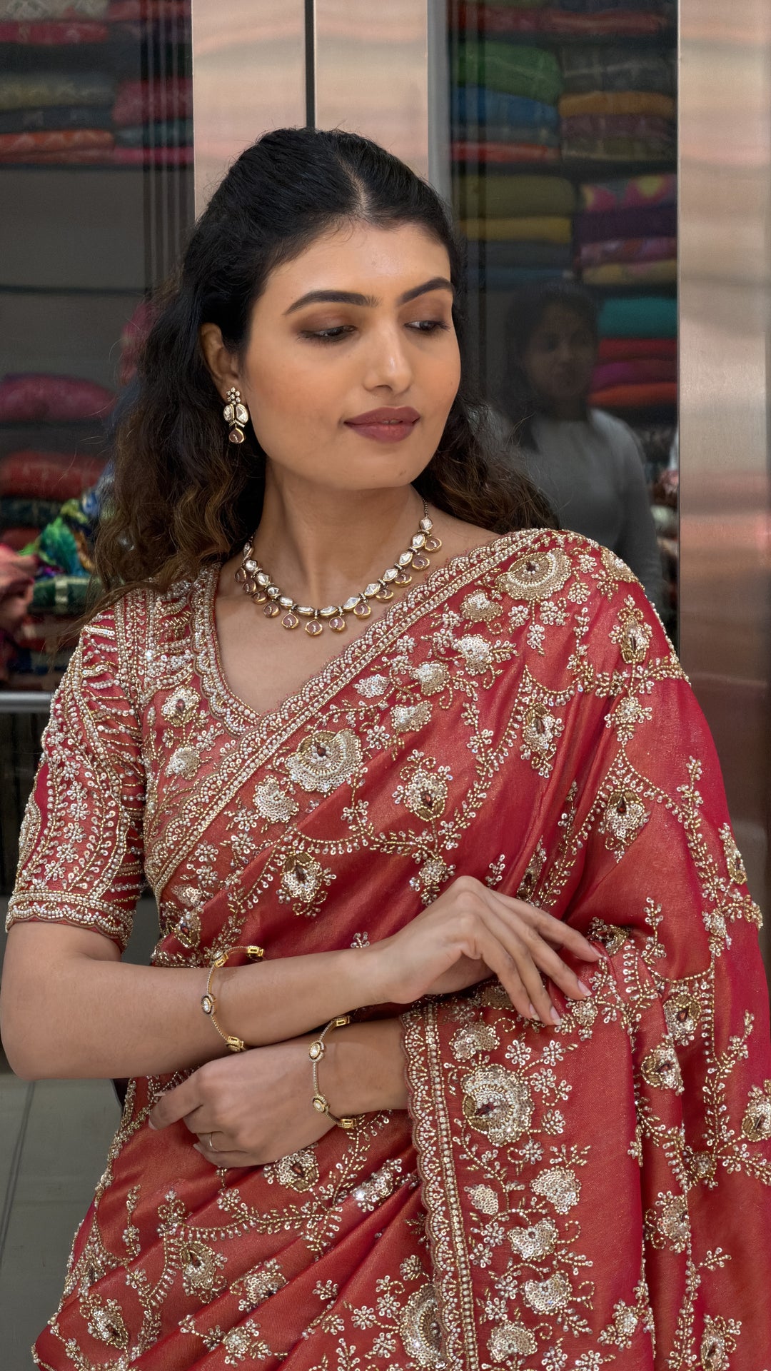 Ruby Red Hand-Embroidered Designer Saree with Heavy Zari & Sequin Work