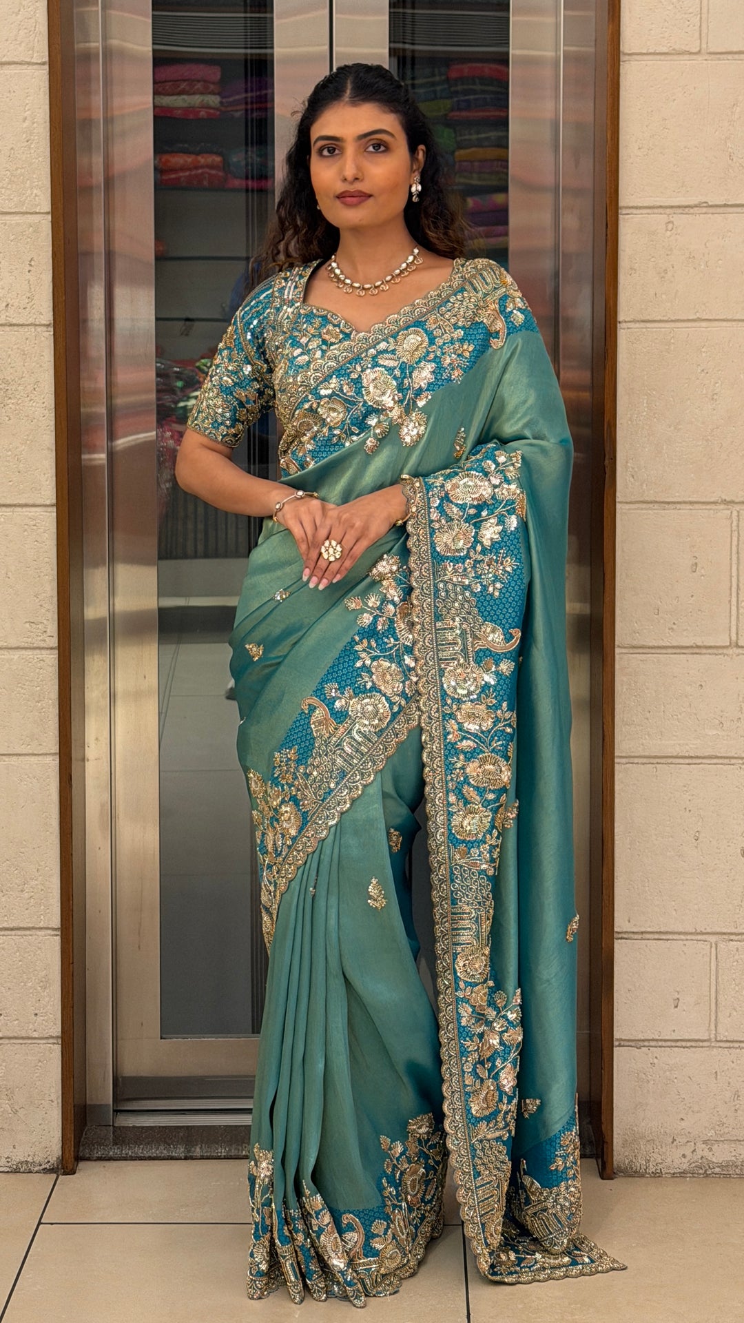 Sea Green Designer Saree with Peacock & Floral Hand Embroidery