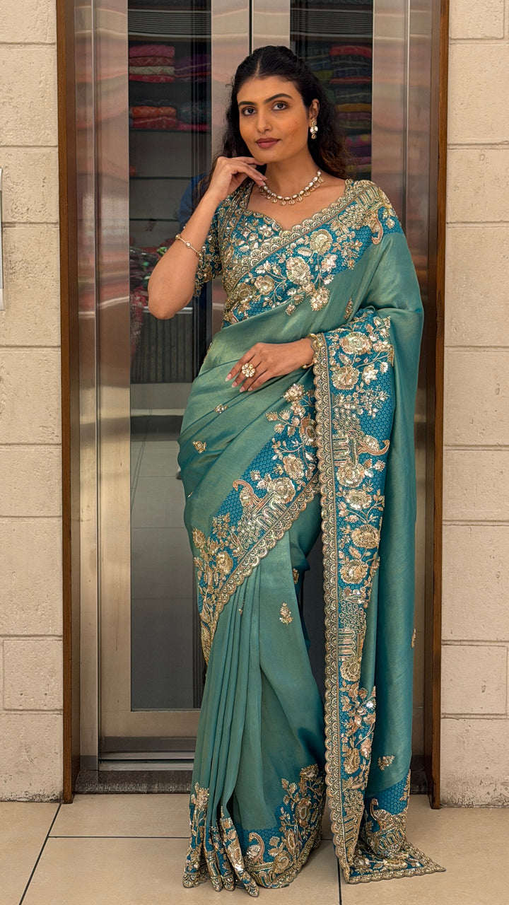 Sea Green Designer Saree with Peacock & Floral Hand Embroidery