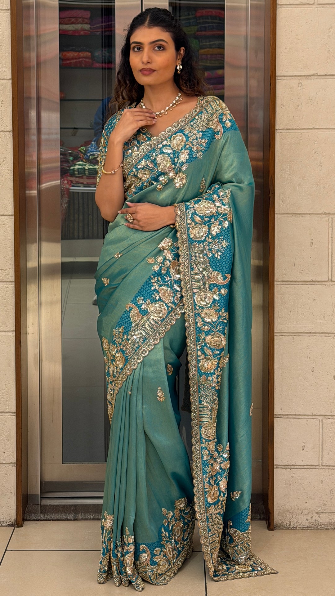 Sea Green Designer Saree with Peacock & Floral Hand Embroidery