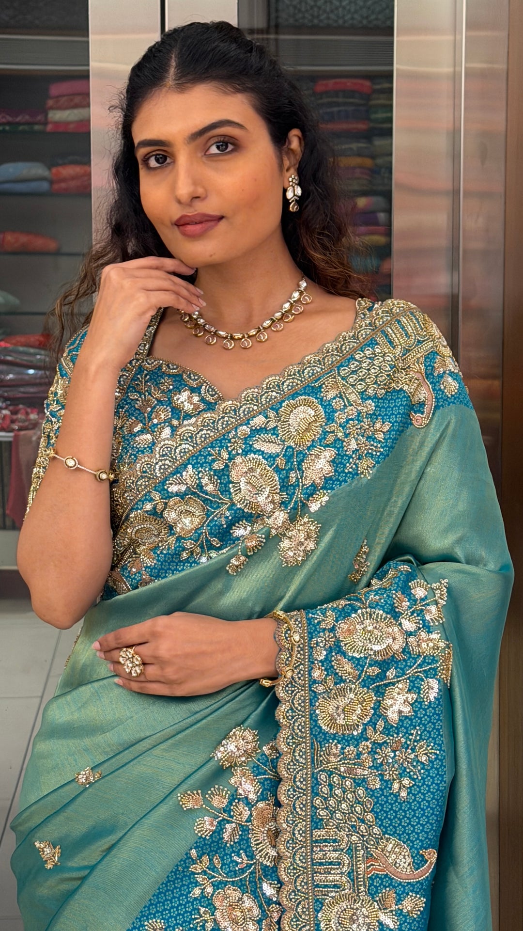 Sea Green Designer Saree with Peacock & Floral Hand Embroidery