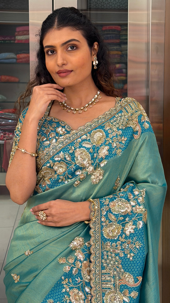 Sea Green Designer Saree with Peacock & Floral Hand Embroidery