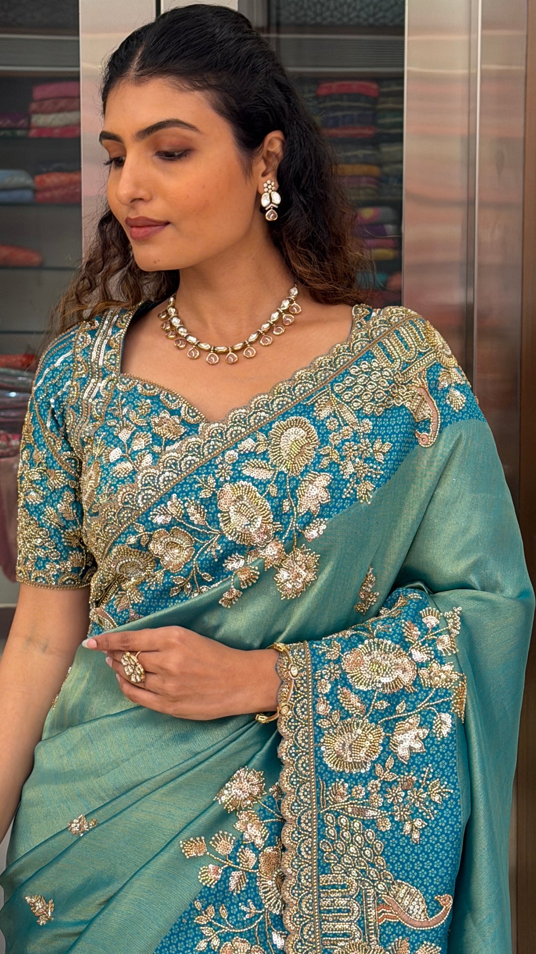 Sea Green Designer Saree with Peacock & Floral Hand Embroidery