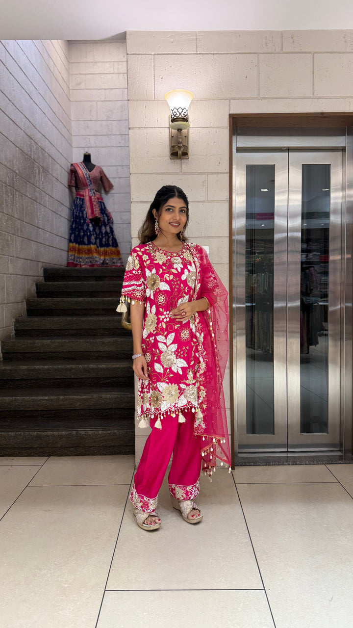 Rani Pink Designer Kurta Set with Heavy Floral Embroidery & Dupatta
