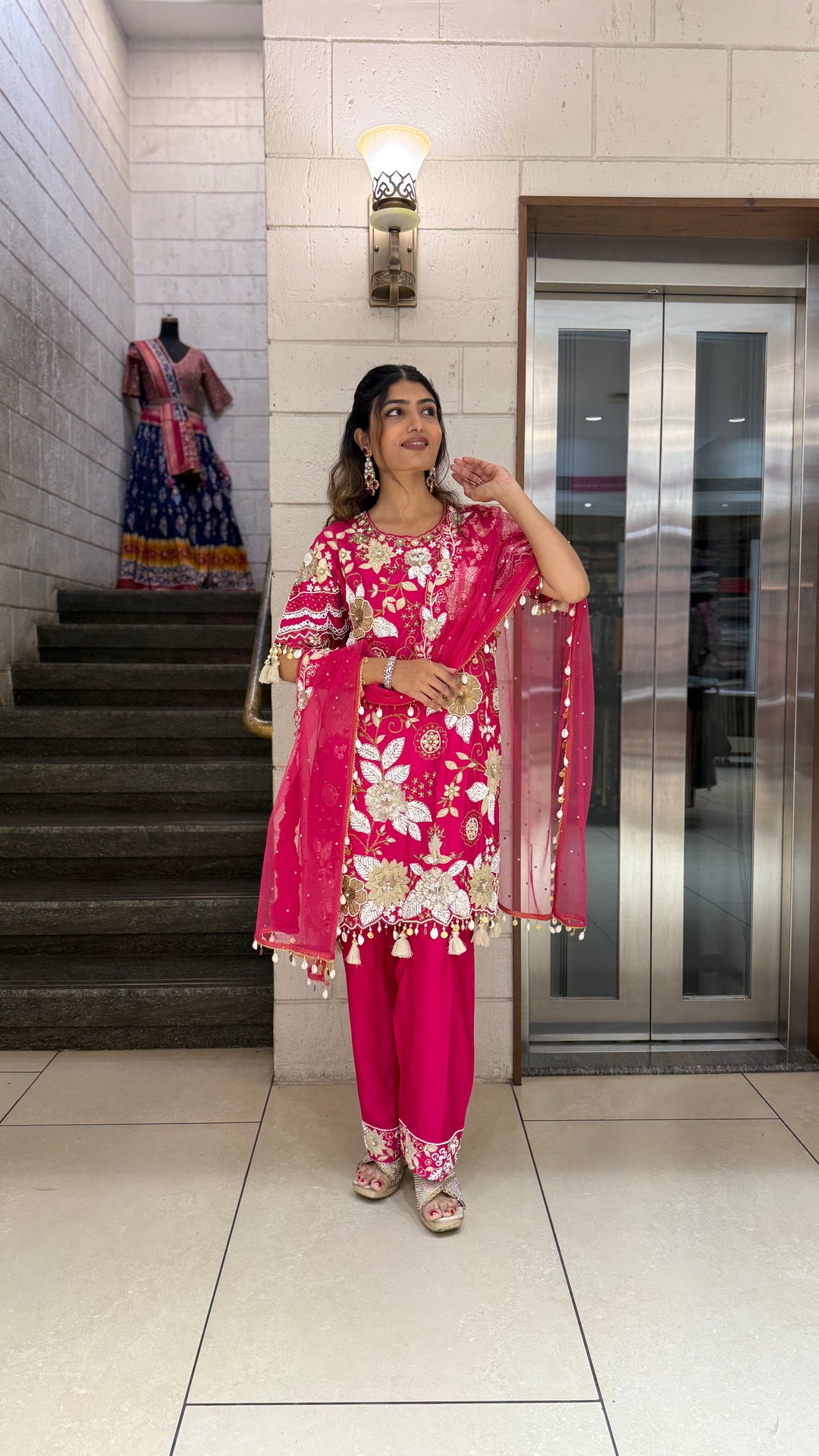 Rani Pink Designer Kurta Set with Heavy Floral Embroidery & Dupatta