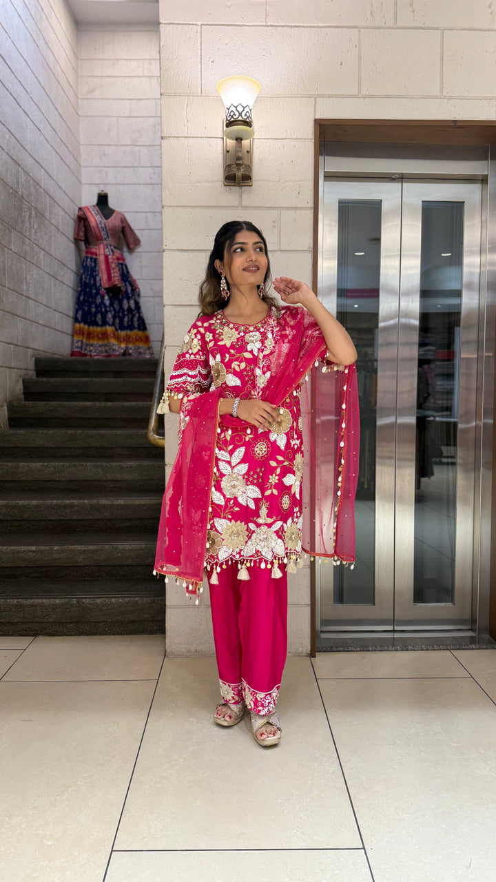 Rani Pink Designer Kurta Set with Heavy Floral Embroidery & Dupatta
