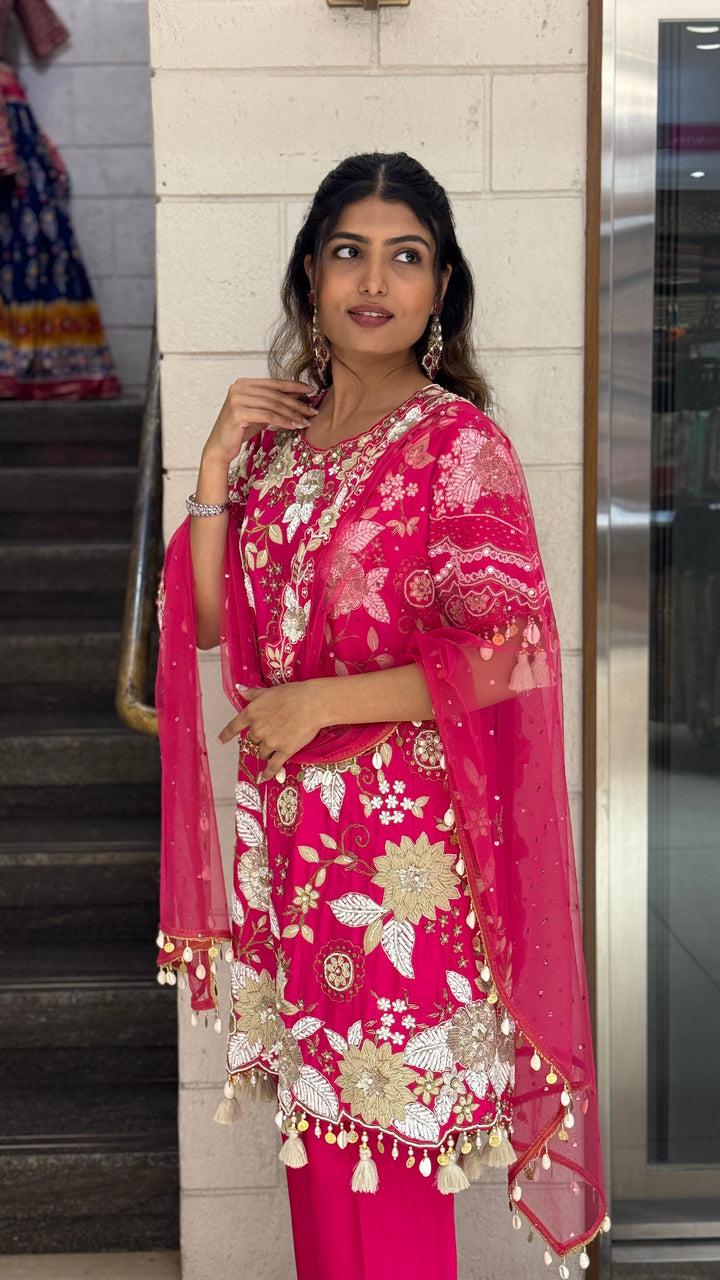 Rani Pink Designer Kurta Set with Heavy Floral Embroidery & Dupatta
