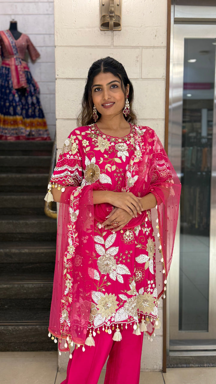 Rani Pink Designer Kurta Set with Heavy Floral Embroidery & Dupatta
