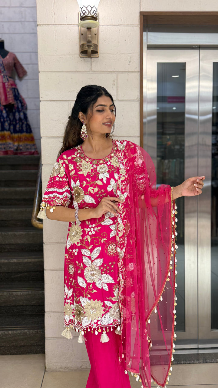 Rani Pink Designer Kurta Set with Heavy Floral Embroidery & Dupatta