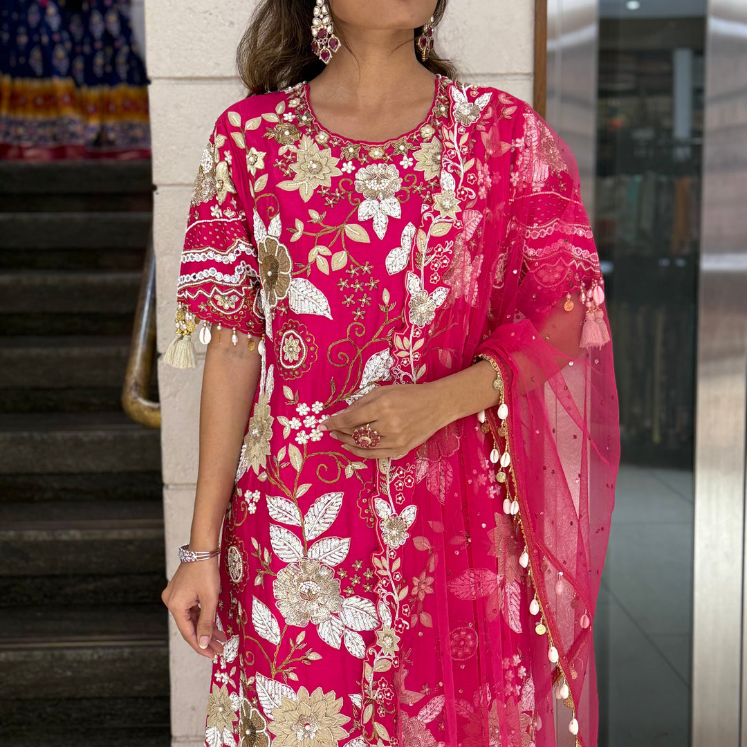 Rani Pink Designer Kurta Set with Heavy Floral Embroidery & Dupatta