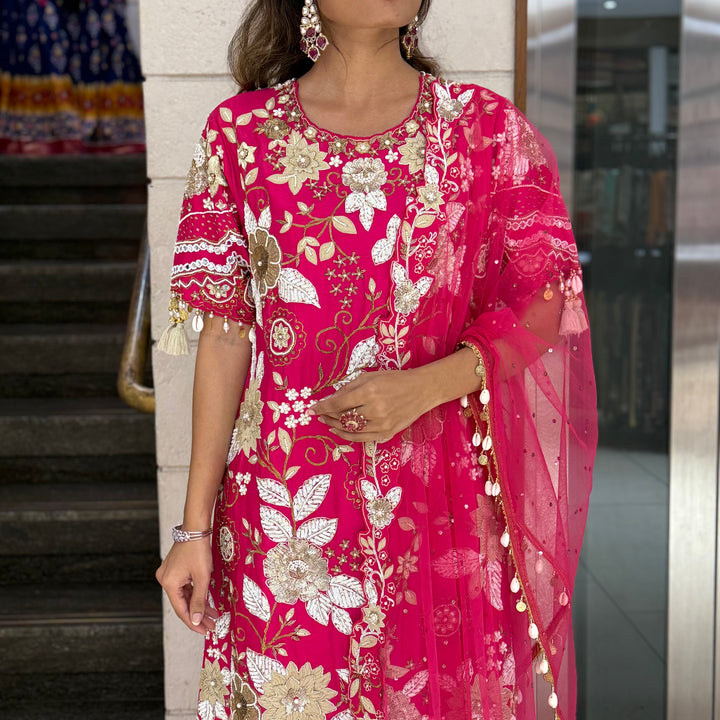 Rani Pink Designer Kurta Set with Heavy Floral Embroidery & Dupatta