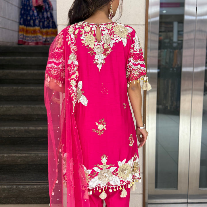 Rani Pink Designer Kurta Set with Heavy Floral Embroidery & Dupatta