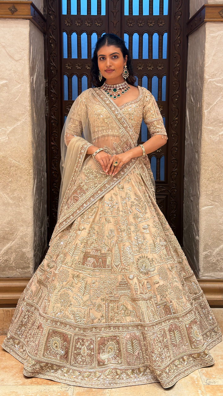 Champagne Beige Heritage Bridal Lehenga with Architectural & Nature Embroidery