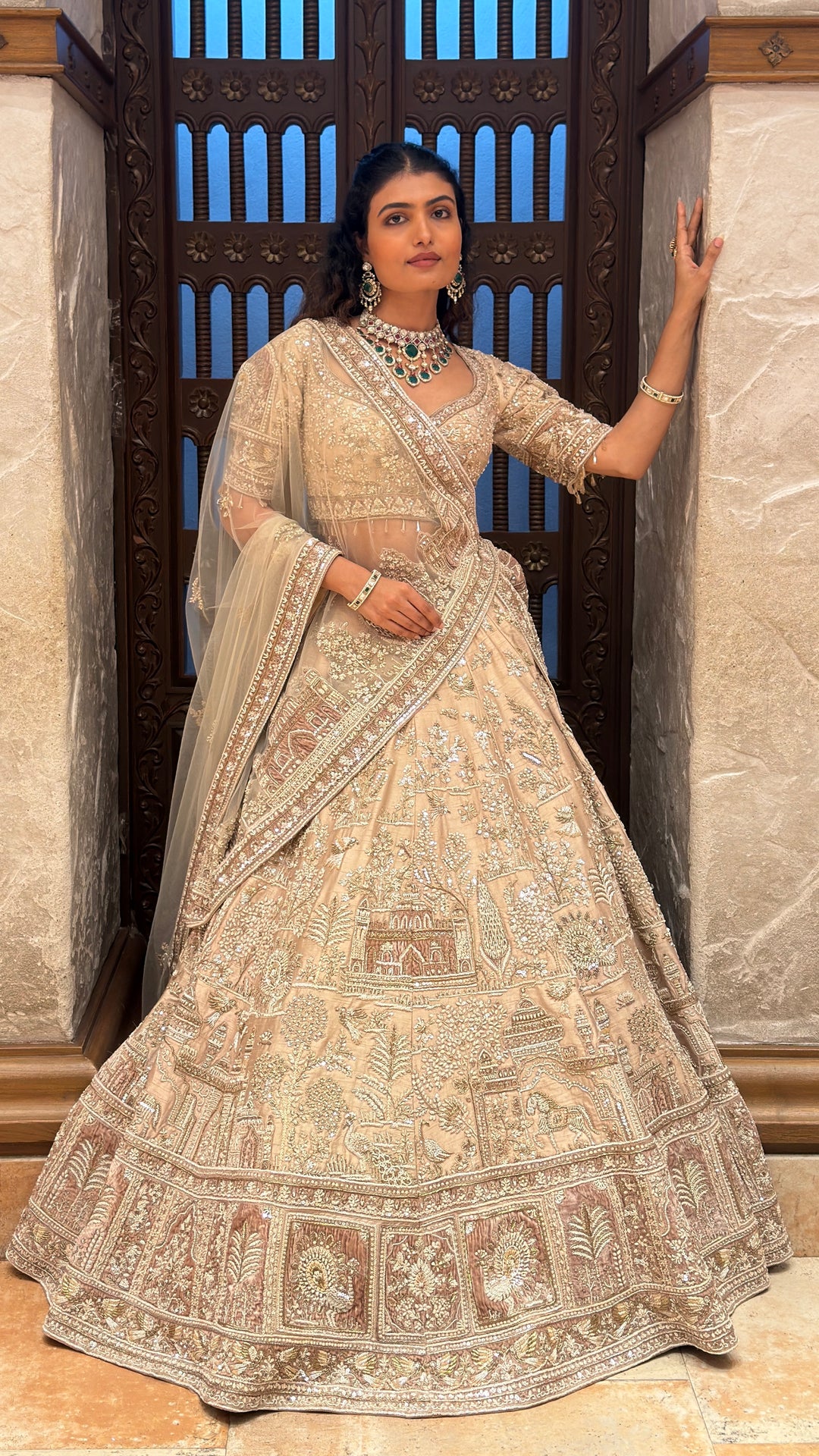 Champagne Beige Heritage Bridal Lehenga with Architectural & Nature Embroidery