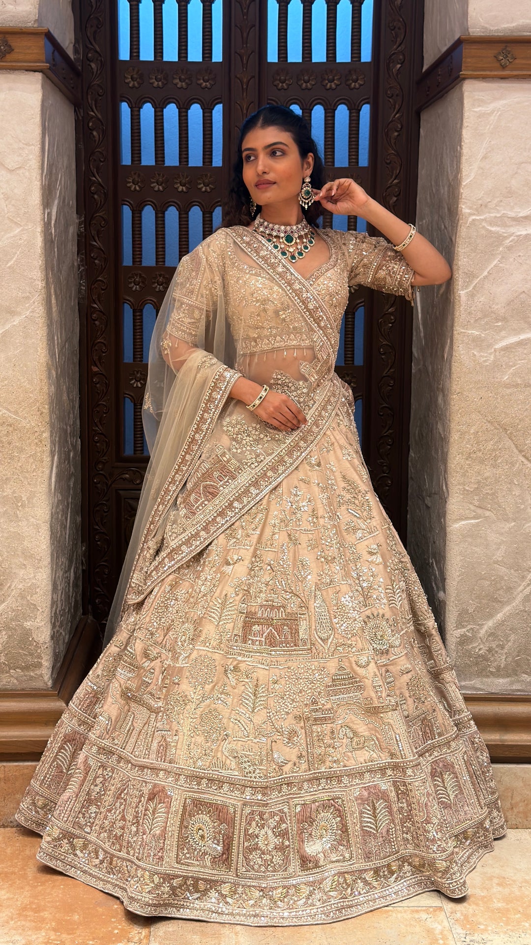 Champagne Beige Heritage Bridal Lehenga with Architectural & Nature Embroidery