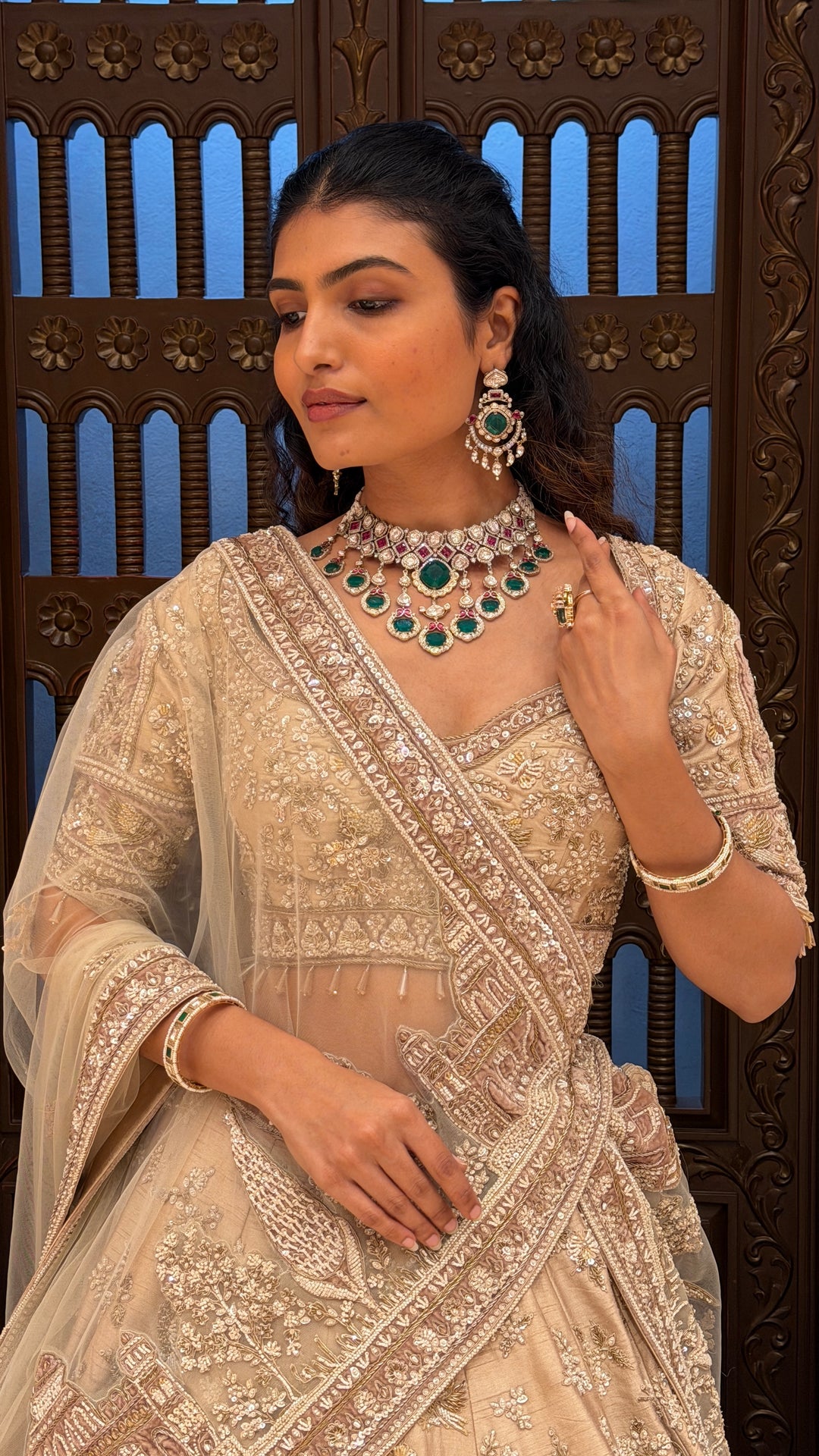 Champagne Beige Heritage Bridal Lehenga with Architectural & Nature Embroidery