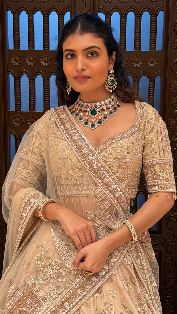 Champagne Beige Heritage Bridal Lehenga with Architectural & Nature Embroidery