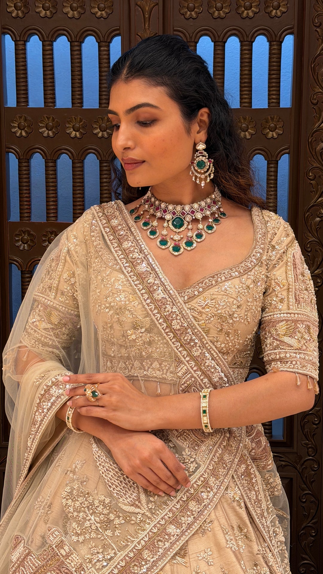 Champagne Beige Heritage Bridal Lehenga with Architectural & Nature Embroidery
