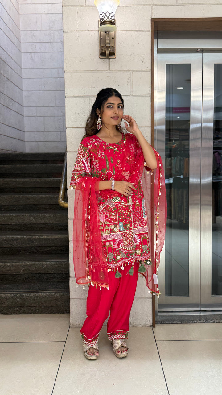 Vibrant Red Designer Kurta Set with Multicolor Embroidery & Tassel Dupatta