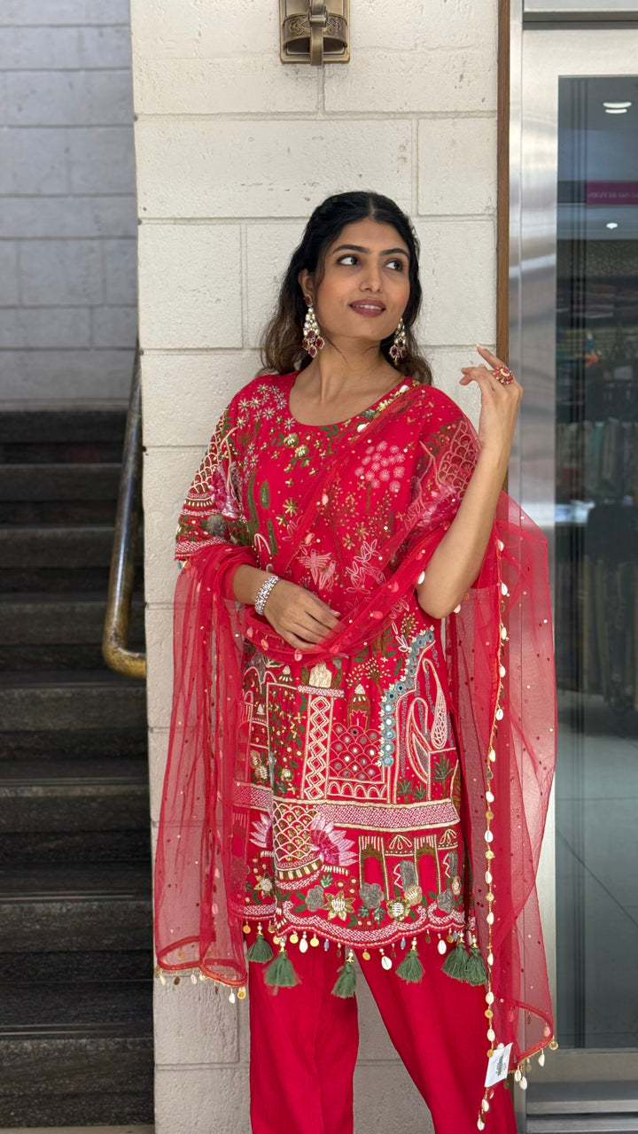 Vibrant Red Designer Kurta Set with Multicolor Embroidery & Tassel Dupatta