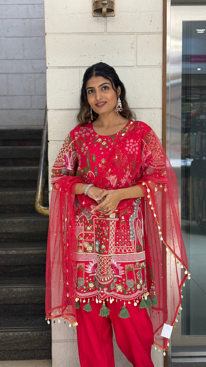 Vibrant Red Designer Kurta Set with Multicolor Embroidery & Tassel Dupatta